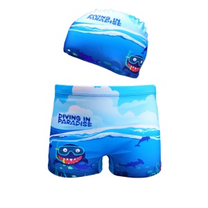 Set pantaloni de baie pentru baieti cu casca asortata, tematica petrecere pe plaja, model rechin scuba diving, albastru inchis