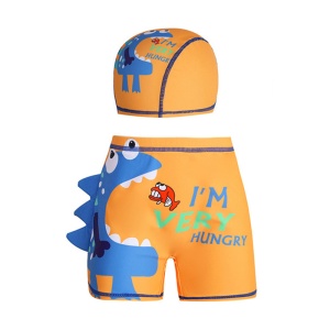Set pantaloni de baie pentru baieti cu casca asortata, tematica petrecere de vara, model infometat I’m very hungry, portocaliu