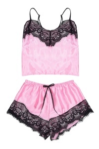 Set pijama, haine de stat in casa sexy, 2 piese, din satin, maieu si chilot tip pantalon scurt, roz - Img 2