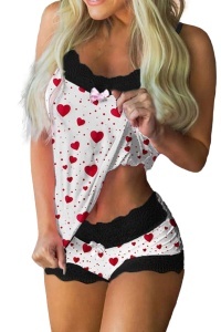 Set pijama, haine de stat in casa sexy cu dantela, 2 piese, cu inimioare, alb