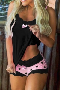Set pijama, haine de stat in casa sexy cu dantela, 2 piese, negru si roz - Img 3