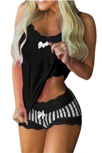 Set pijama, haine de stat in casa sexy cu dantela, 2 piese, pantaloni cu dungi, negru