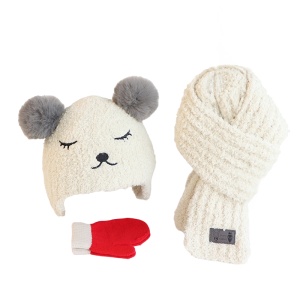 Set trei piese, caciula pentru copii, model pom pom cu ochisori si nasuc, fular moale si manusi calduroase, tematica ready for snow, 1 – 4 ani, alba