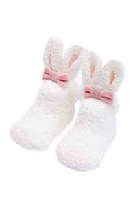 Sosete copii, calduroase, antiderapante, model iepuras, accesorizate cu urechiuse si fundita, albe