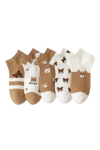 Sosete dama, set de 5 perechi, model pana la glezna cu ursuleti, tematica little happy bear, marimea 36 – 42, maro cu alb