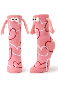 Sosete haioase, model vesel accesorizat cu manute cu magnet si ochisori, imprimeu funny cu inimioare, tematica let's be friends, unisex, marime 36-42, roz deschis