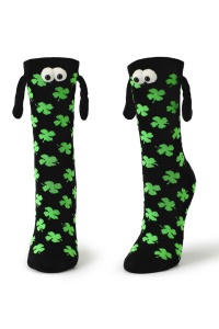 Sosete haioase, model vesel accesorizat cu manute cu magnet si ochisori, imprimeu norocos trifoi cu patru foi, tematica let's be friends, unisex, marime 36-42, negre