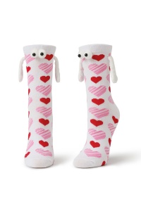 Sosete haioase, model vesel accesorizat cu manute cu magnet si ochisori, imprimeu cu inimioare, tematica crazy couple love, unisex, marime 36-42, albe