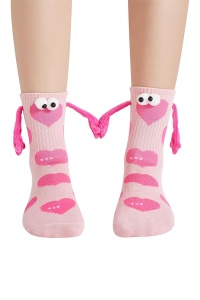 Sosete haioase, model vesel accesorizat cu manute cu magnet si ochisori, imprimeu cu inimioare, tematica crazy couple love, unisex, marime 36-42, roz deschis - Img 2