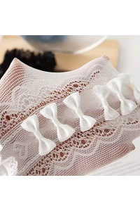 Sosete pentru fetite, model chic cu fundite multiple, pana la genunchi, tematica little lady style, albe - Img 2