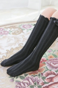 Sosete pentru fetite, model cu fundita cute, pana la genunchi, tematica casual style, negre - Img 3