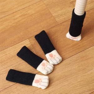 Sosete pentru mobila, protectie pentru picioarele scaunelor, model tip husa anti zgariere cu labute de pisica, tematica cozy home, marime universala, negre - Img 2