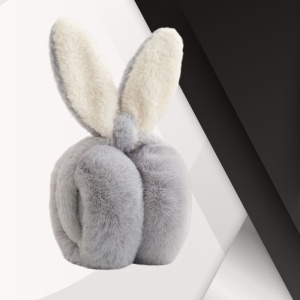 Acoperitori pentru urechi, protectie impotriva frigului, model casti pufoase cu urechi lungi de iepuras, pliabile, tematica happy bunny, marime universala, gri - Img 3