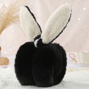 Acoperitori pentru urechi, protectie impotriva frigului, model casti pufoase cu urechi lungi de iepuras, pliabile, tematica happy bunny, marime universala, negre - Img 4