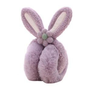 Acoperitori pentru urechi, protectie impotriva frigului, model casti dama cu urechiuse de iepuras si fundita, tematica flower bunny, marime universala, mov - Img 3