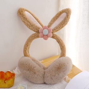 Acoperitori pentru urechi, protectie impotriva frigului, model casti dama cu urechiuse de iepuras si fundita, tematica flower bunny, marime universala, maro - Img 4