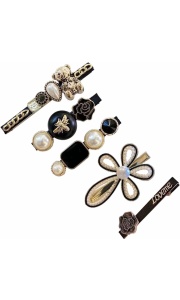Agrafe de par, set 5 bucati, model elegant cu accesorii pretioase si delicate, tematica fancy lady, negru cu alb