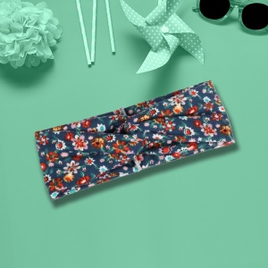 Bentita pentru par elastica, model casual, imprimeu cu flori, marime universala, albastru inchis - Img 3