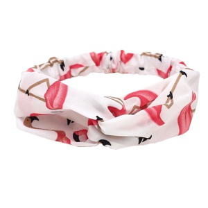 Bentita pentru par elastica, model flamingo, alba cu imprimeu roz, marime standard