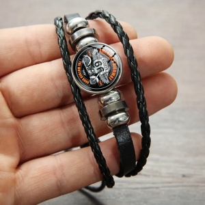 Bratara cu pandantiv rotund cu motocicleta si accesorii, model route 66, tematica free spirit, unisex, neagra, - Img 2