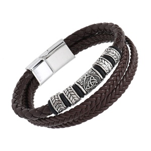 Bratara cu rune celtice si accesorii multiple, model funie impletita, tematica mistery world, unisex, maro,