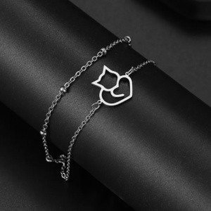 Bratara dama, dublata, model cat love, pandantiv pisica, cu accesorii bilute, argintie - Img 2