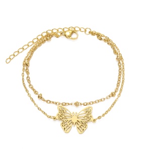 Bratara dama, model dublat cu accesorii bilute, tematica beautiful butterfly world, pandantiv fluturas, reglabila, aurie
