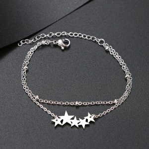Bratara dama, model dublat cu accesorii bilute, tematica night sky, pandantiv fantezie de stelute, reglabila, argintie - Img 2
