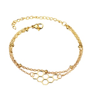 Bratara dama, model dublat cu accesorii bilute, tematica queen bee, pandantiv stup de miere, reglabila, aurie