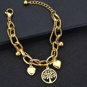 Bratara dama, pandantiv copacul vietii, accesorii inimioare, dubla, reglabila, aurie - Img 4