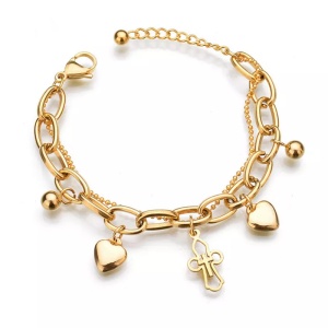 Bratara dama, pandantiv cruce, accesorii inimioare, dubla, reglabila, aurie