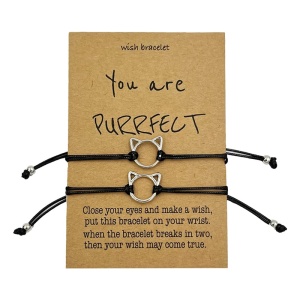 Bratara dama, set 2 bucati, model purrfect cu pisicute, tematica lucky cat, negru cu argintiu