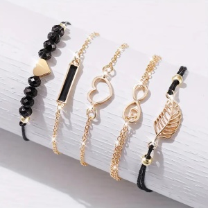 Bratara dama, set 5 bucati, model versatil, pandantive multiple, tematica black romance, aurii cu negru - Img 2