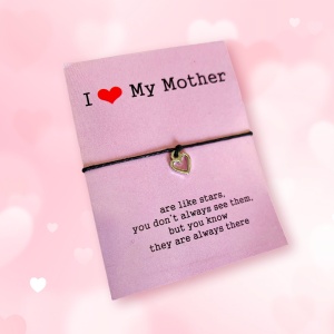Bratara I Love My Mother, pandantiv inima argintiu, reglabile, din sfoara, neagra - Img 2