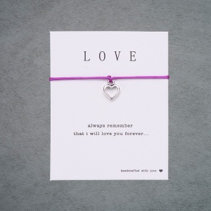 Bratara love pandantiv inima argintiu, realizate manual, sfoara mov, reglabila, unisex - Img 2