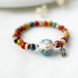 Bratara, model cu margele si pisica simpatica, tematica lucky cat, elastica, unisex, albastra - Img 3