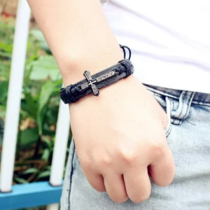 Bratara, model retro, accesoriu cruce, neagra, dimensiune reglabila cu snur, unisex - Img 3