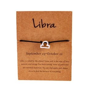 Bratara semn zodiac balanta argintiu, creata manual, neagra, unisex