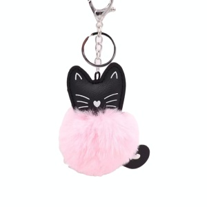 Breloc, pompon puf pisica fericita, roz