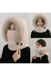 Caciula dama, model moale si pufos tip cagula cu guler inalt, reglabila cu snur, tematica warm and cozy winter, marime universala, bej - Img 2