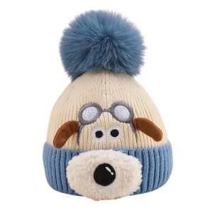 Caciula pentru copii, accesorizata cu botic de catel, model pom pom calduros, captuseala delicata, tematica I love dogs, 1 – 4 ani, albastra