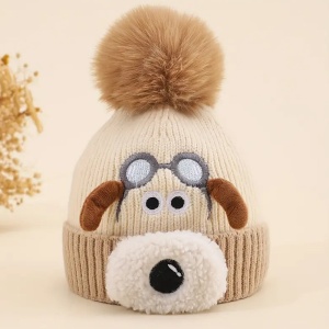 Caciula pentru copii, accesorizata cu botic de catel, model pom pom calduros, captuseala delicata, tematica I love dogs, 1 – 4 ani, maro - Img 3