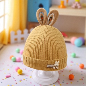Caciula pentru copii, accesorizata cu urechiuse de iepuras, model minimalist, captuseala delicata, tematica little rabbit, 1 - 3 ani, galbena - Img 2