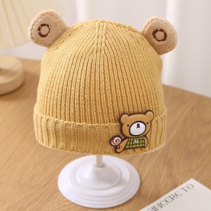 Caciula pentru copii, accesorizata cu urechiuse de ursulet, model minimalist, captuseala delicata, tematica little bear, 3 luni – 3 ani, galbena - Img 2