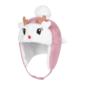 Caciula pentru copii, calduroasa, model cu fata vesela, cu ochisori, nasuc si urechi de caprioara, prindere in doua moduri cu capse, tematica I’m a happy deer, 1 – 5 ani, roz