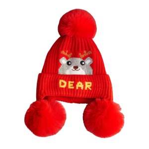 Caciula pentru copii, moale si calduroasa, model cu pom pom pufos multiplu, tematica little deer, 2 – 8 ani, rosie