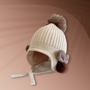 Caciula pentru copii, model cu pom pom si prindere reglabila sub barbie, accesorizata cu iepurasi la urechi, tematica little bunny in the winter, 1 – 3 ani, bej - Img 2