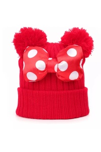 Caciula pentru copii, model cu urechiuse pom pom si funda chic, marime universala, rosie - Img 2