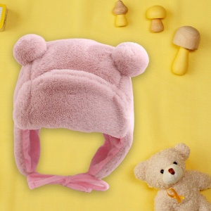 Caciula pentru copii, model cu urechiuse si prindere reglabila, usor elastica la spate, tematica I’m a fluffy bear, 3 – 6 ani, roz - Img 3