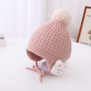 Caciula pentru copii, model pom pom si ursulet la urechi, prindere sub barbie reglabila, tematica prietenul meu blanos, 1 – 2 ani, roz - Img 2